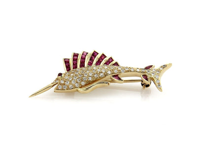 Swordfish Diamond & Ruby 14k Yellow Gold Brooch Pin