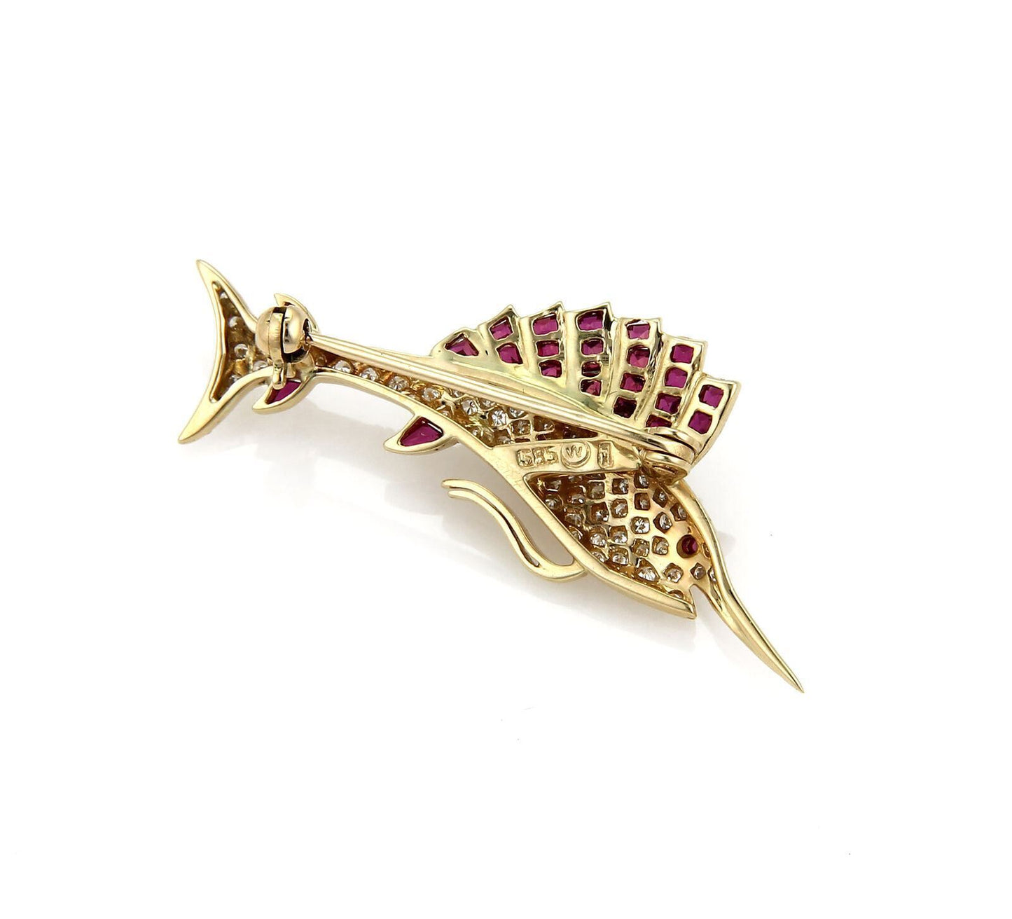 Swordfish Diamond & Ruby 14k Yellow Gold Brooch Pin