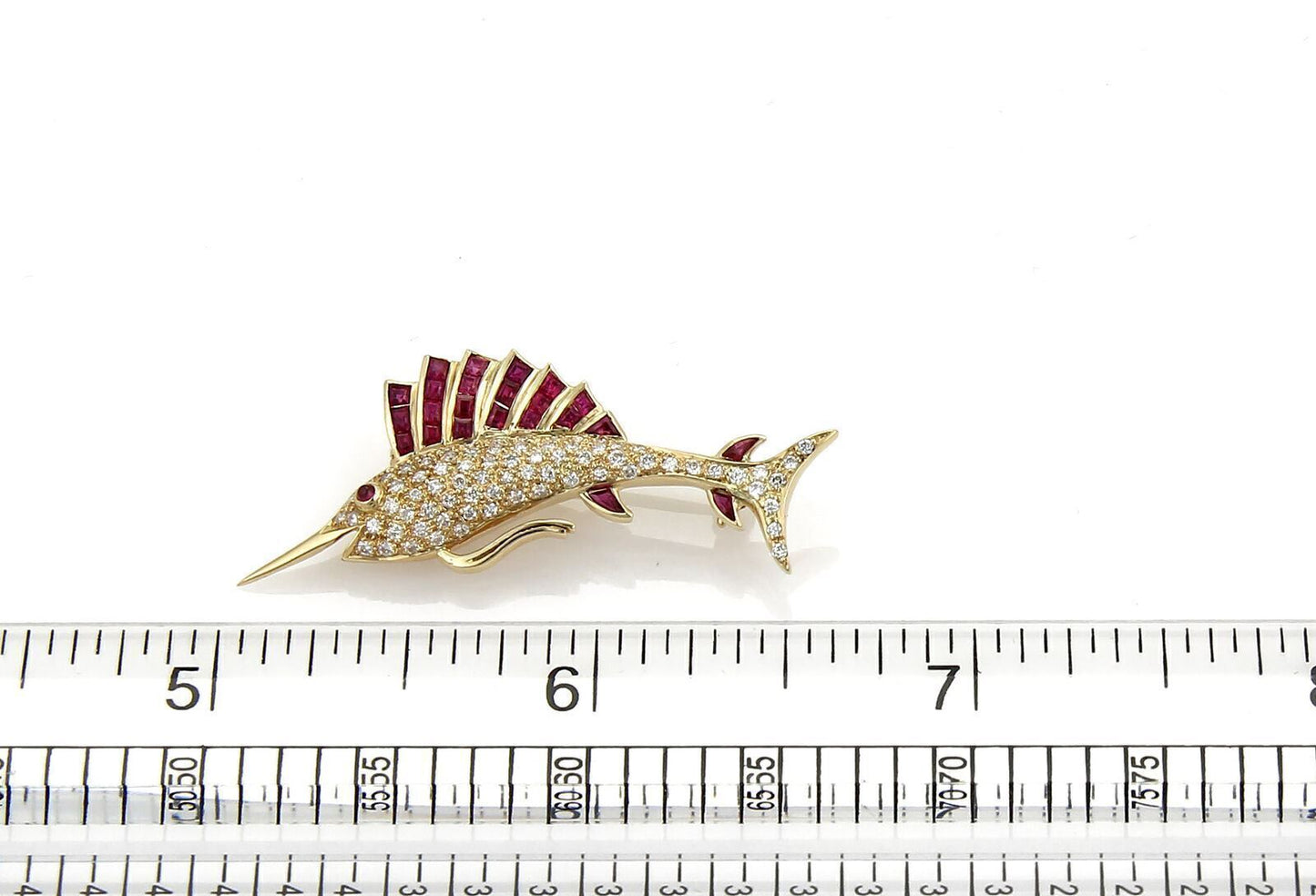 Swordfish Diamond & Ruby 14k Yellow Gold Brooch Pin