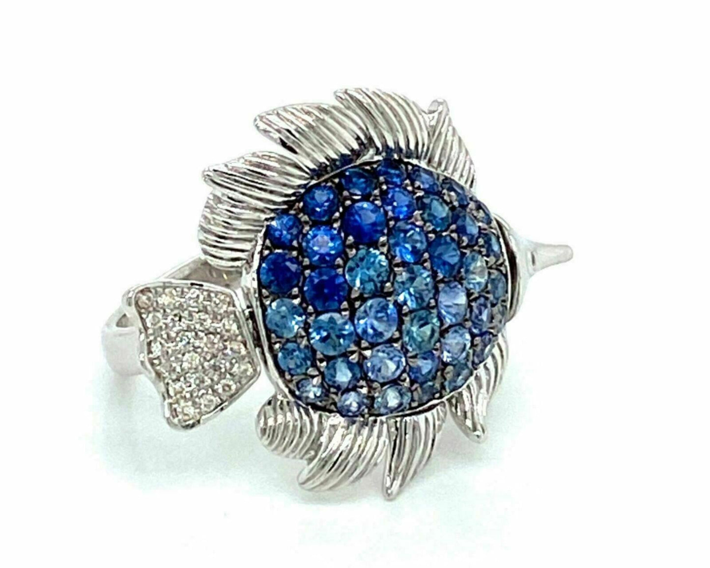Sapphire & Diamond 14k White Gold Movable Fish Ring