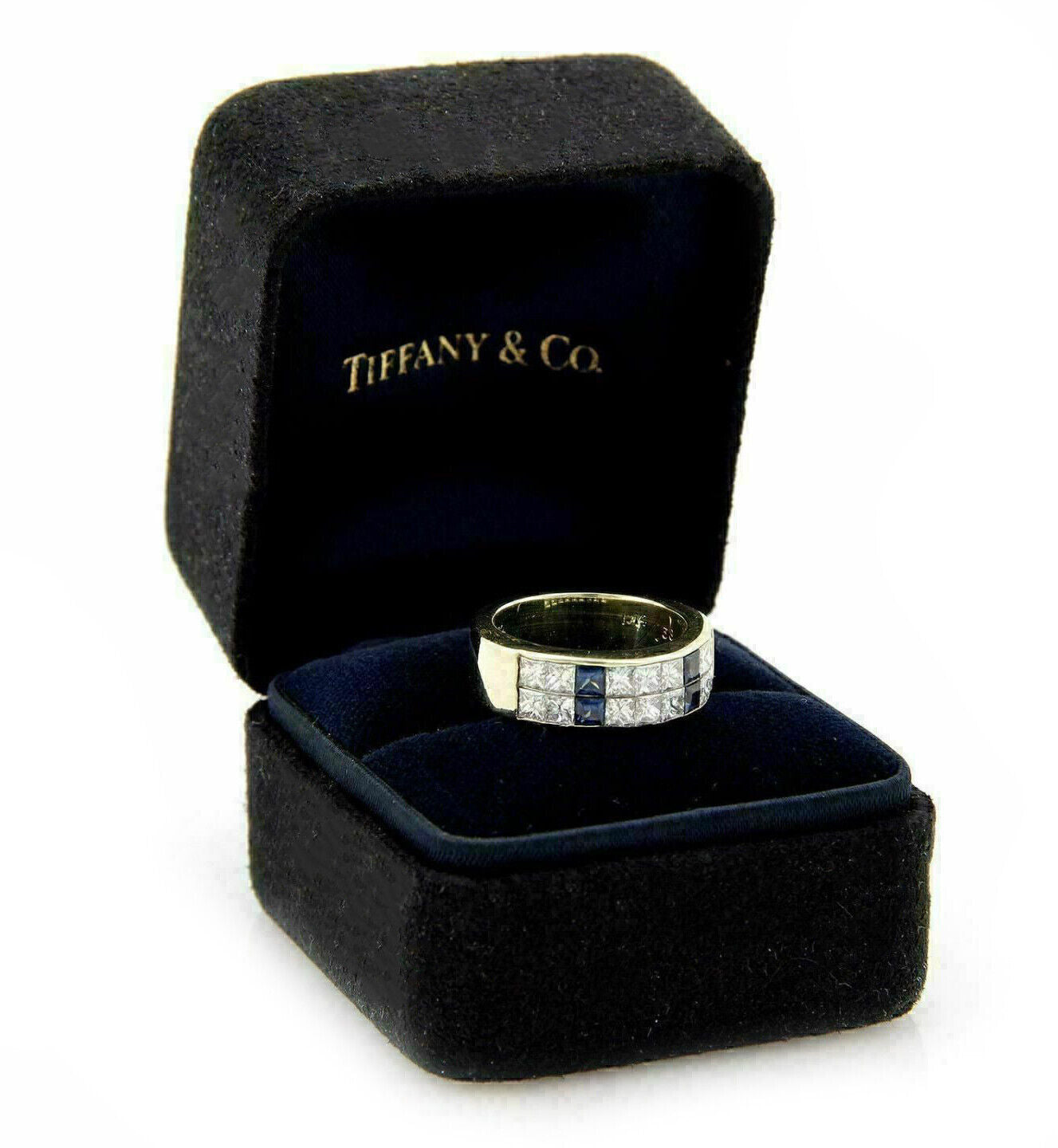 Tiffany & Co. Princess Cut Diamonds & Sapphire 18k Yellow Gold Band Ring