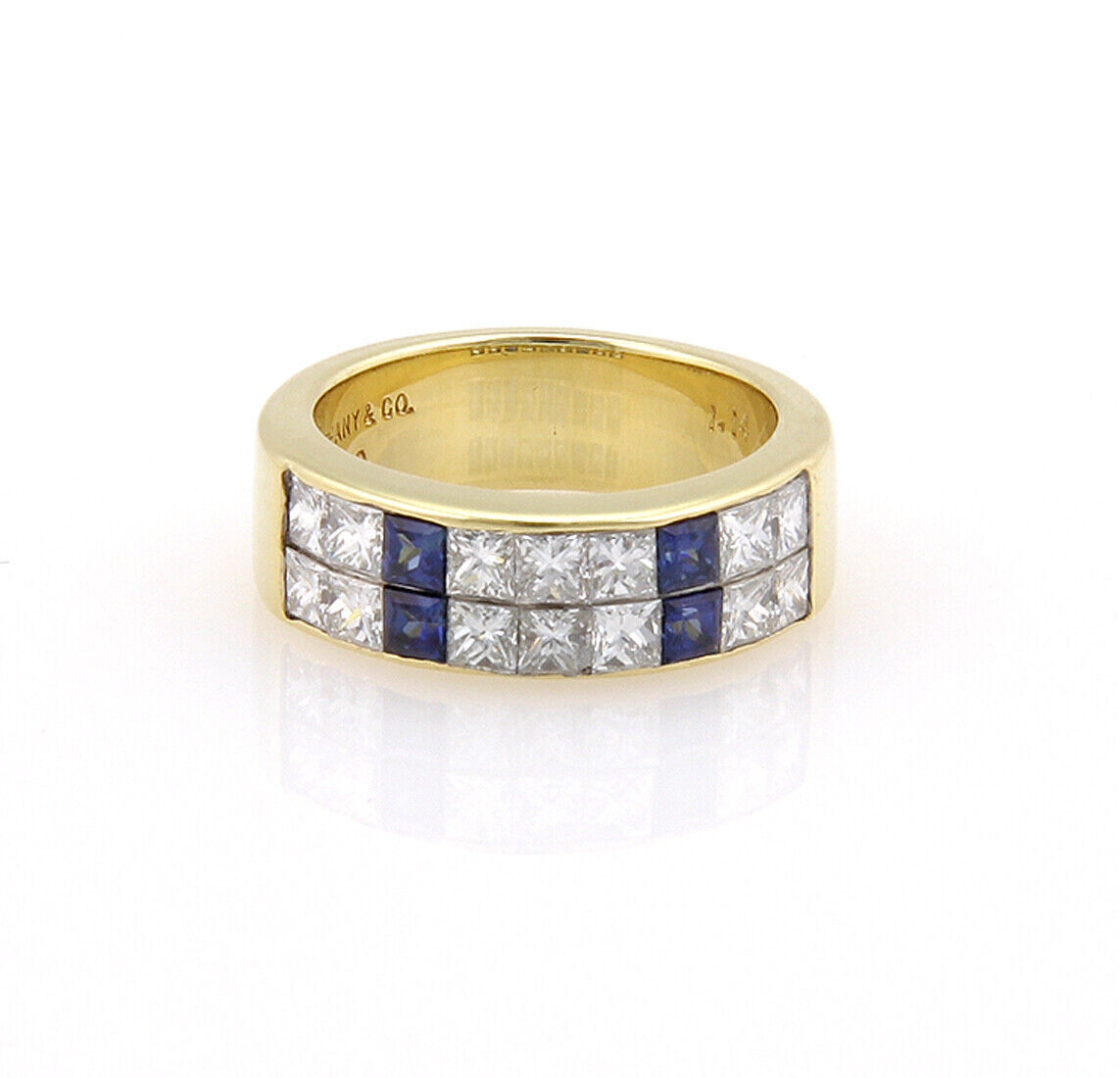 Tiffany & Co. Princess Cut Diamonds & Sapphire 18k Yellow Gold Band Ring