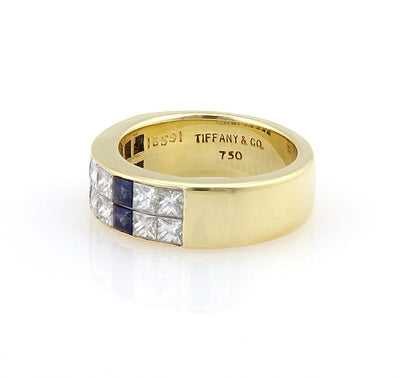 Tiffany & Co. Princess Cut Diamonds & Sapphire 18k Yellow Gold Band Ring