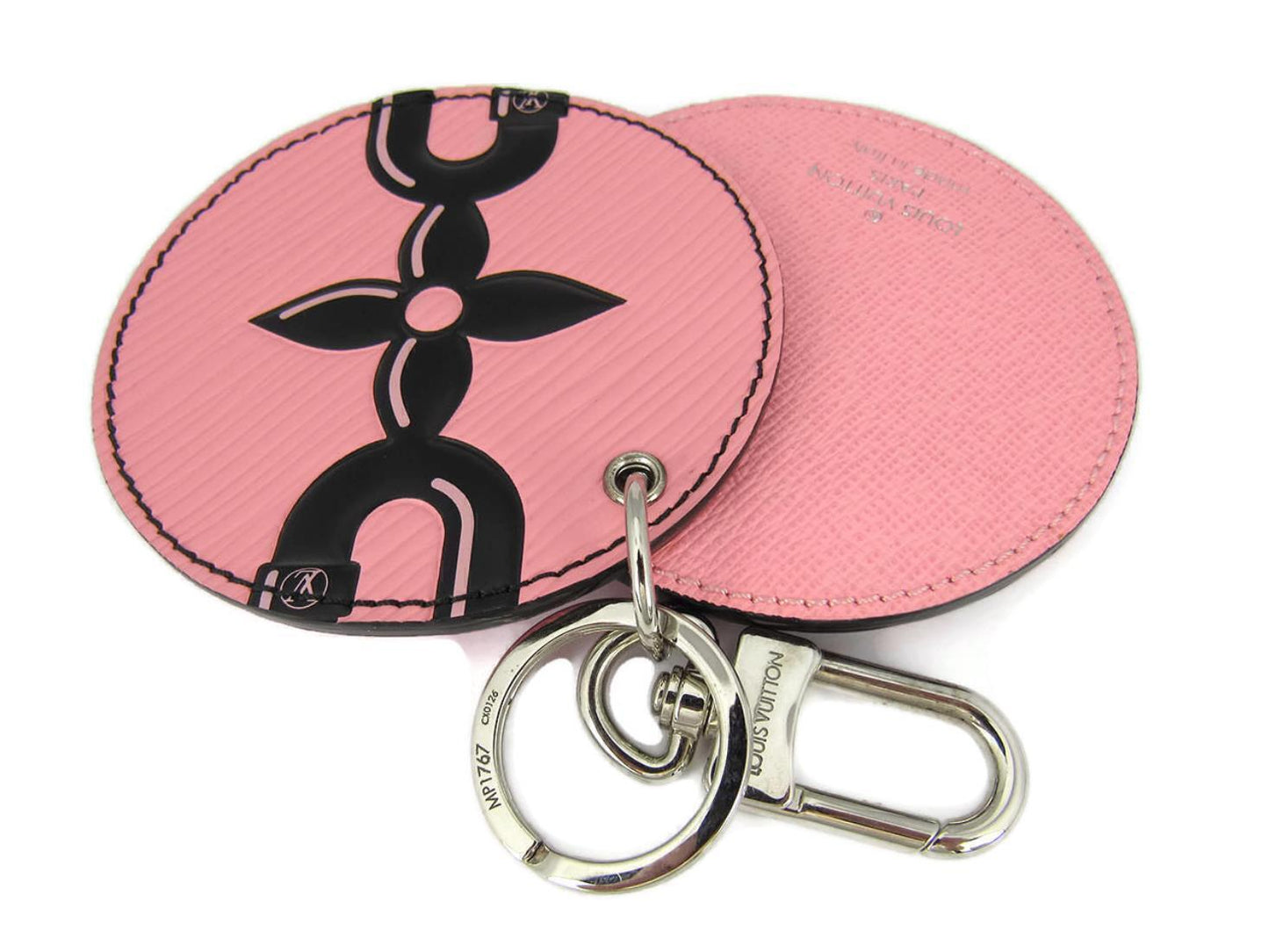 Louis Vuitton Mirror 2 Round Disc Pink & Black Floral Bag Charm Keychain Holder