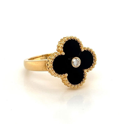 Van Cleef & Arpels 18k Yellow Gold Vintage Alhambra Diamond Onyx Ring