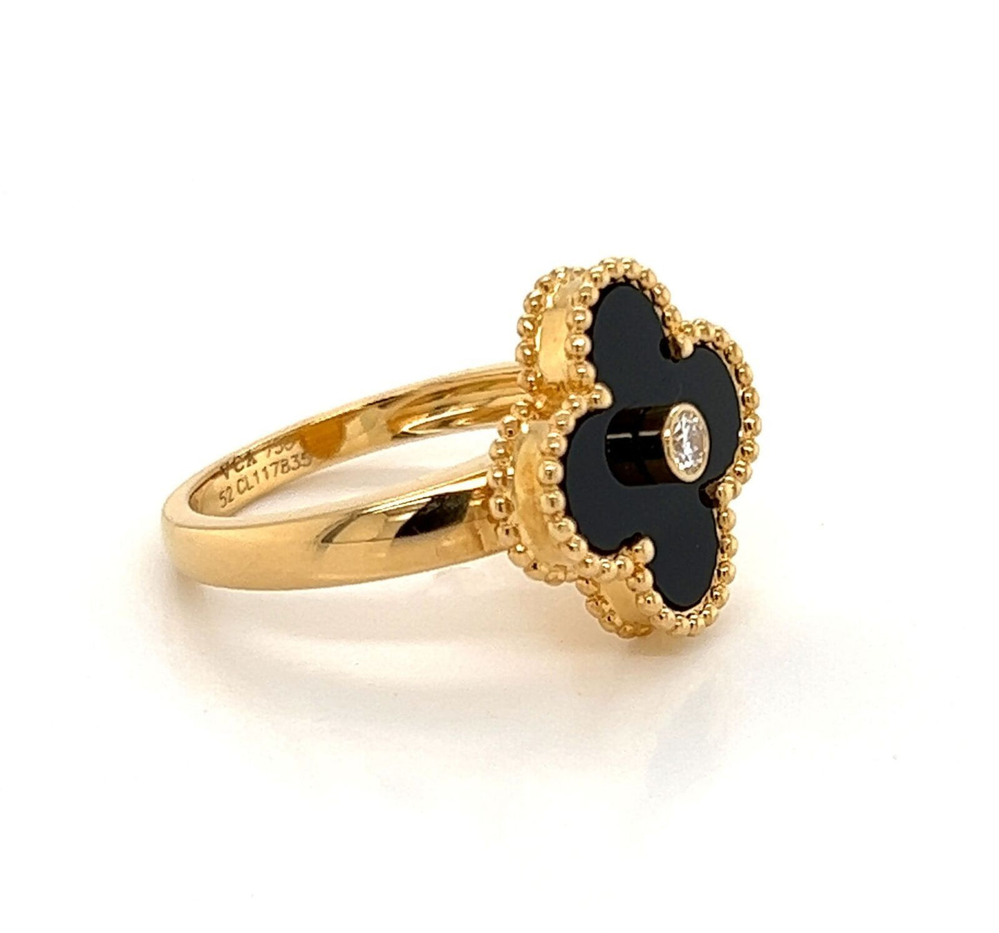 Van Cleef & Arpels 18k Yellow Gold Vintage Alhambra Diamond Onyx Ring