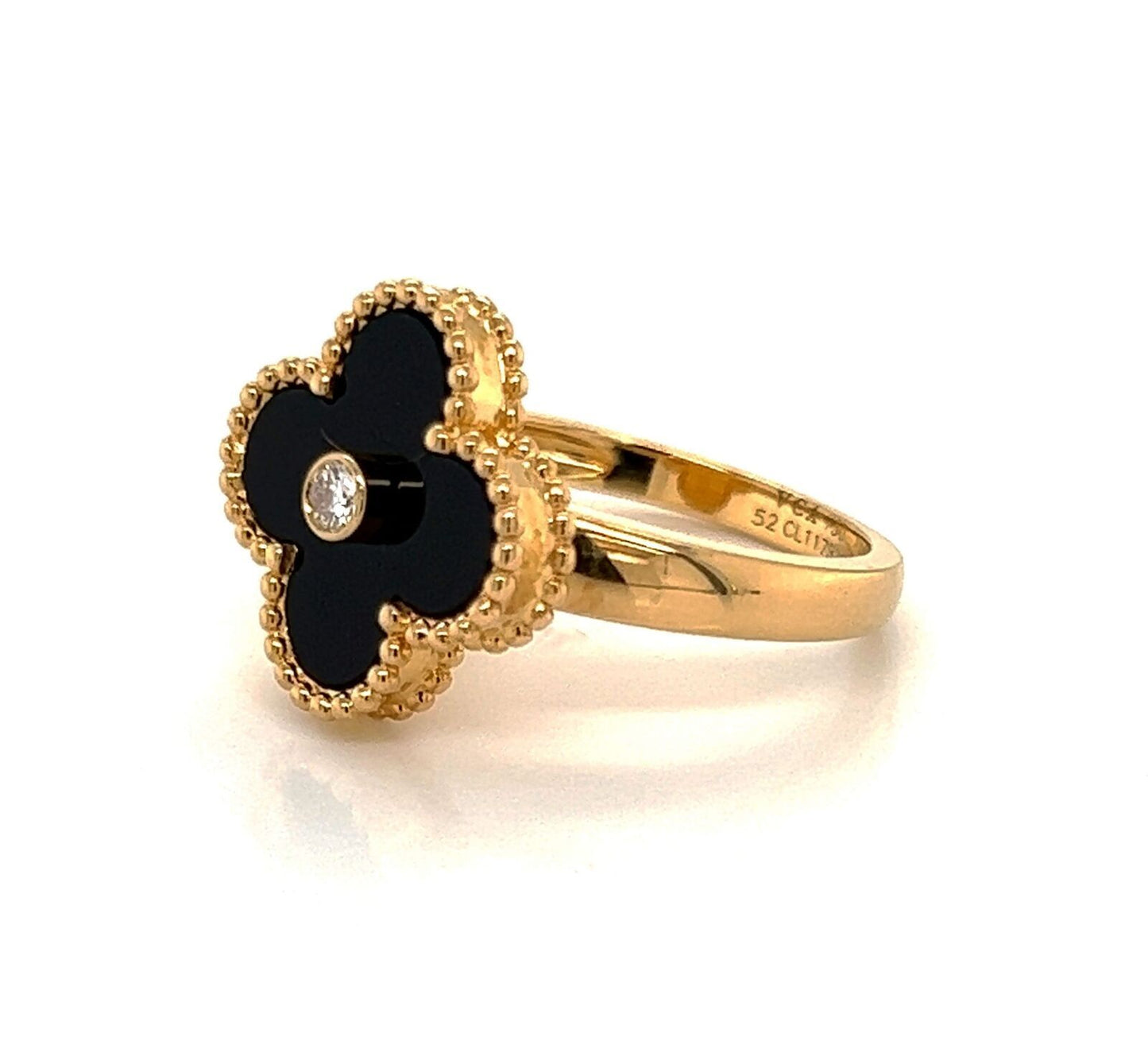 Van Cleef & Arpels 18k Yellow Gold Vintage Alhambra Diamond Onyx Ring