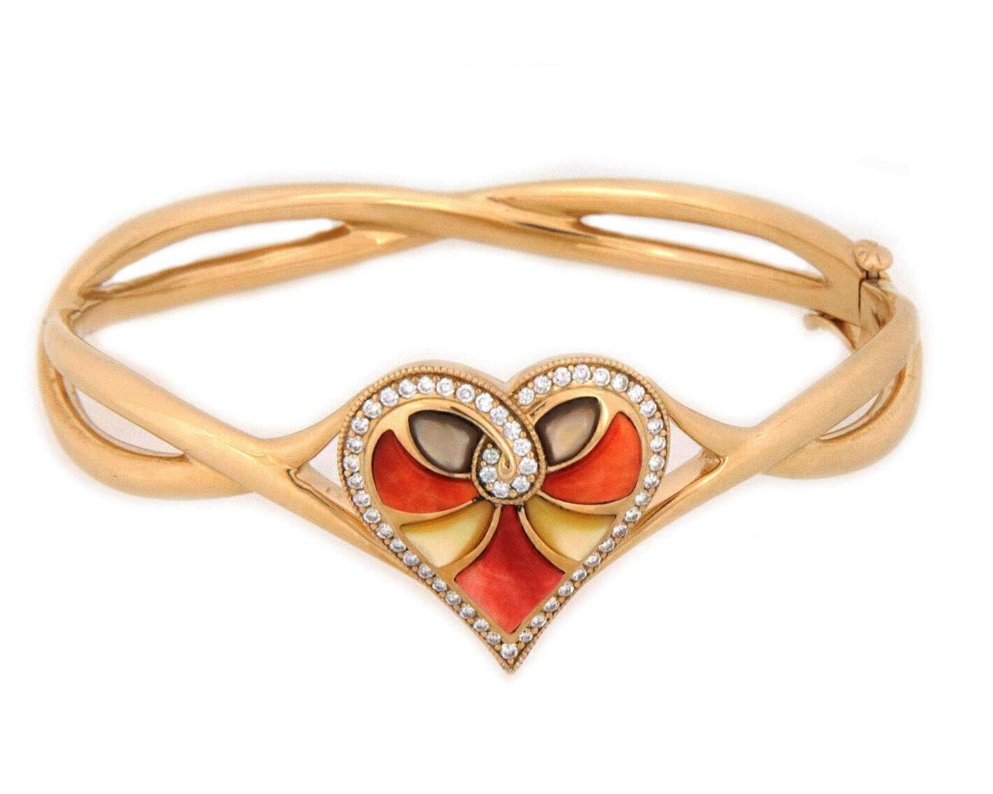 Kabana Multi Color Gems & Diamonds 14k Yellow Gold Heart Bangle Bracelet