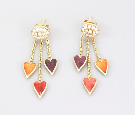 Kabana Diamond Spiny Oyster Gems 14k Yellow Gold Hearts Dangle Earrings | Earrings | catalog, Designer Jewelry, Earrings, Kabana | Kabana