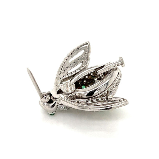 Sabbadini Diamond & Emerald 18k White Gold Bee Pin Brooch