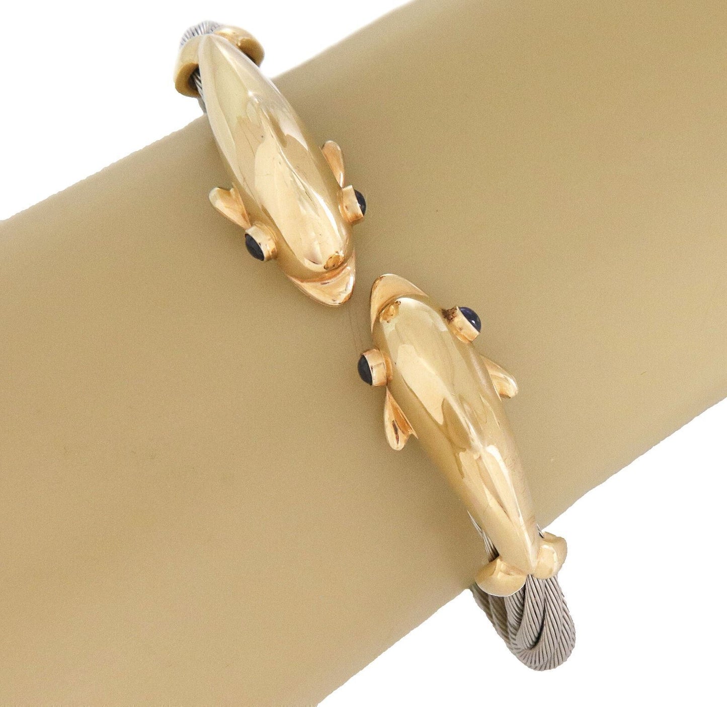 Steven Douglas Sapphire 14k Yellow Gold Steel Double Dolphin Cuff Bracelet | Bracelets | bange, Bracelets, catalog, cuffs, Designer Jewelry, Steven Douglas | Steven Douglas