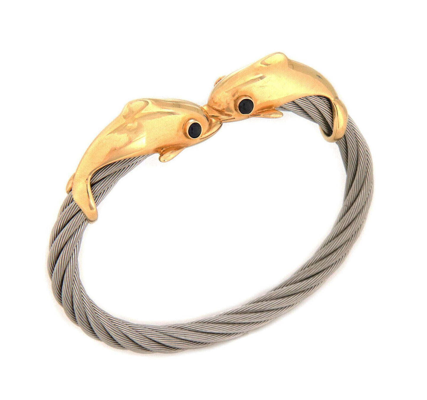 Steven Douglas Sapphire 14k Yellow Gold Steel Double Dolphin Cuff Bracelet