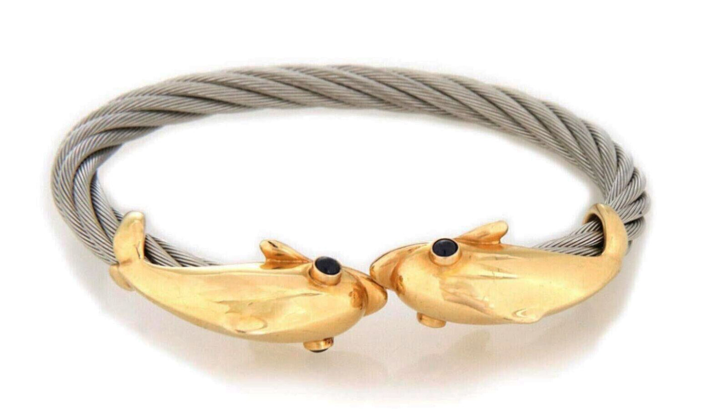 Steven Douglas Sapphire 14k Yellow Gold Steel Double Dolphin Cuff Bracelet