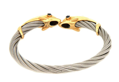 Steven Douglas Sapphire 14k Yellow Gold Steel Double Dolphin Cuff Bracelet