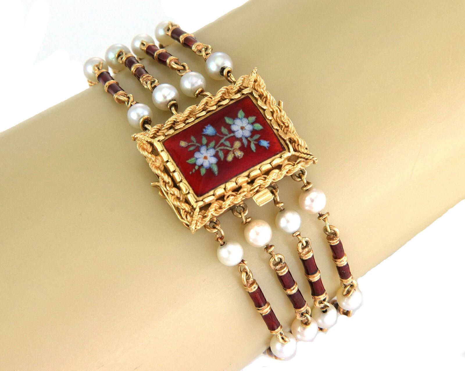 Pearls Enamel 18k Yellow Gold Floral Enhancer 4 Strand Link Bracelet | Jewels by Joy