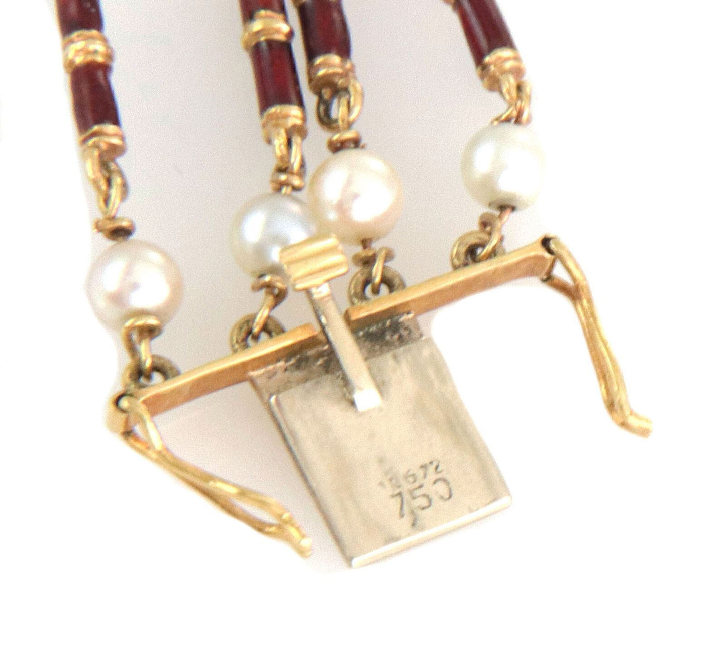 Pearls Enamel 18k Yellow Gold Floral Enhancer 4 Strand Link Bracelet