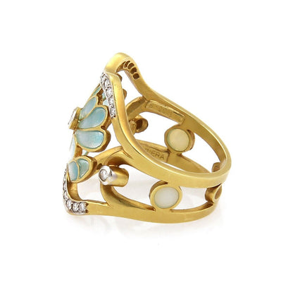 Masriera Diamond Aqua Enamel 18k Gold Open Floral Wave Band Ring