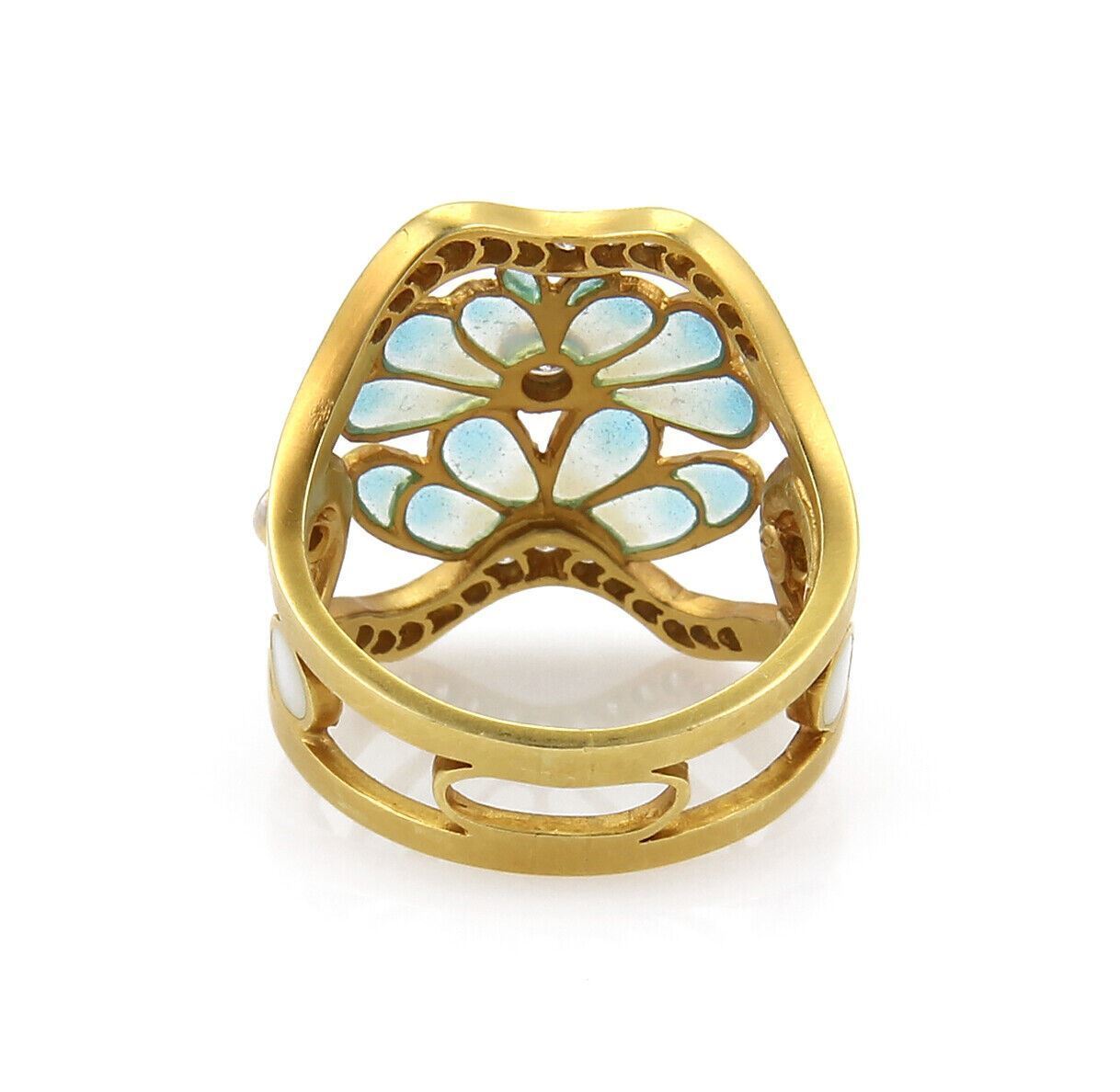 Masriera Diamond Aqua Enamel 18k Gold Open Floral Wave Band Ring