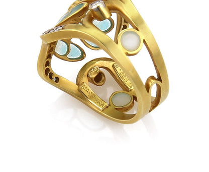 Masriera Diamond Aqua Enamel 18k Gold Open Floral Wave Band Ring