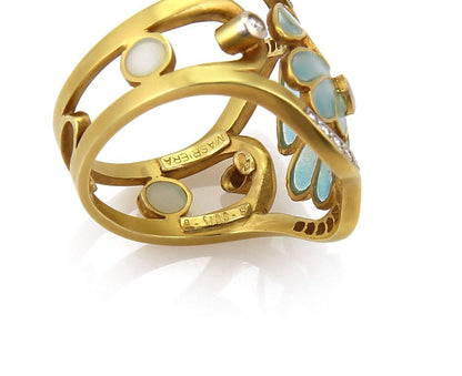 Masriera Diamond Aqua Enamel 18k Gold Open Floral Wave Band Ring