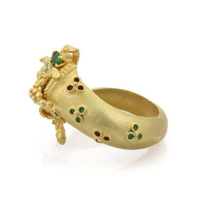 Diamond Ruby Emerald 18k Yellow Gold Enamel Snake Bypass Ring - Size 7