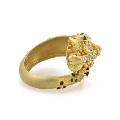 Diamond Ruby Emerald 18k Yellow Gold Enamel Snake Bypass Ring - Size 7