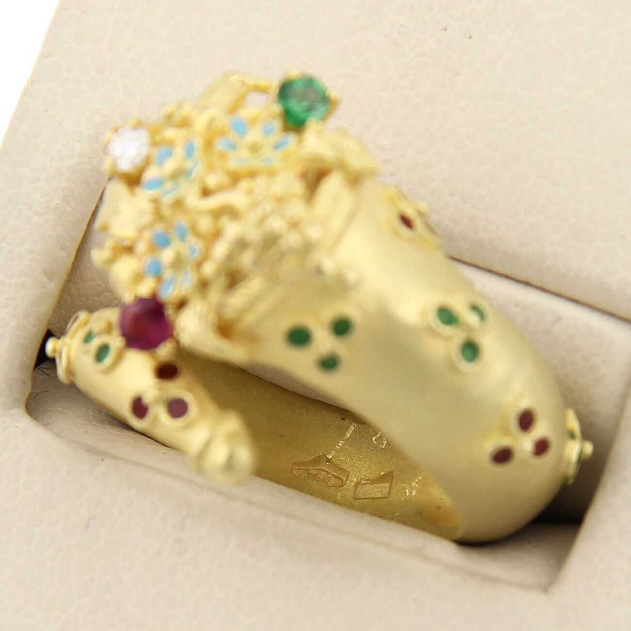 Diamond Ruby Emerald 18k Yellow Gold Enamel Snake Bypass Ring - Size 7