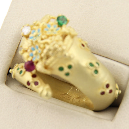 Diamond Ruby Emerald 18k Yellow Gold Enamel Snake Bypass Ring - Size 7