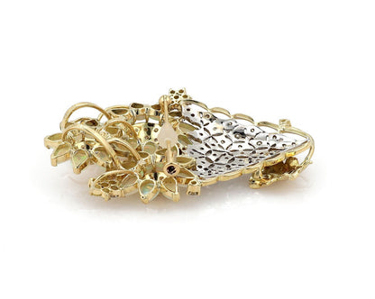 Fancy Diamond & Opal 18k Gold Floral Vase Pendant Brooch Pin