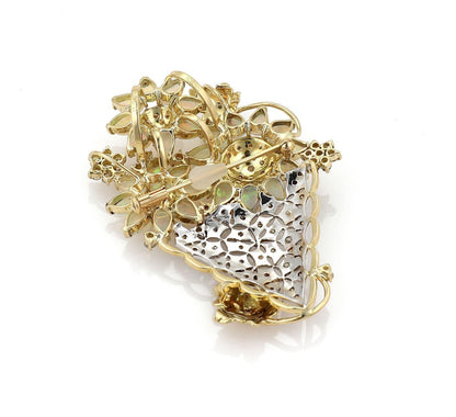 Fancy Diamond & Opal 18k Gold Floral Vase Pendant Brooch Pin