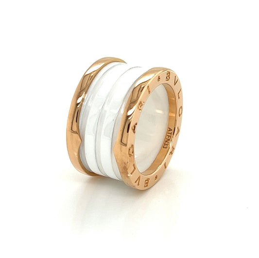 Bvlgari B.zero1 Four Band  18k Rose Gold & White Ceramic Ring | Rings | bands, Bvlgari, catalog, Designer Jewelry, Rings | Bvlgari