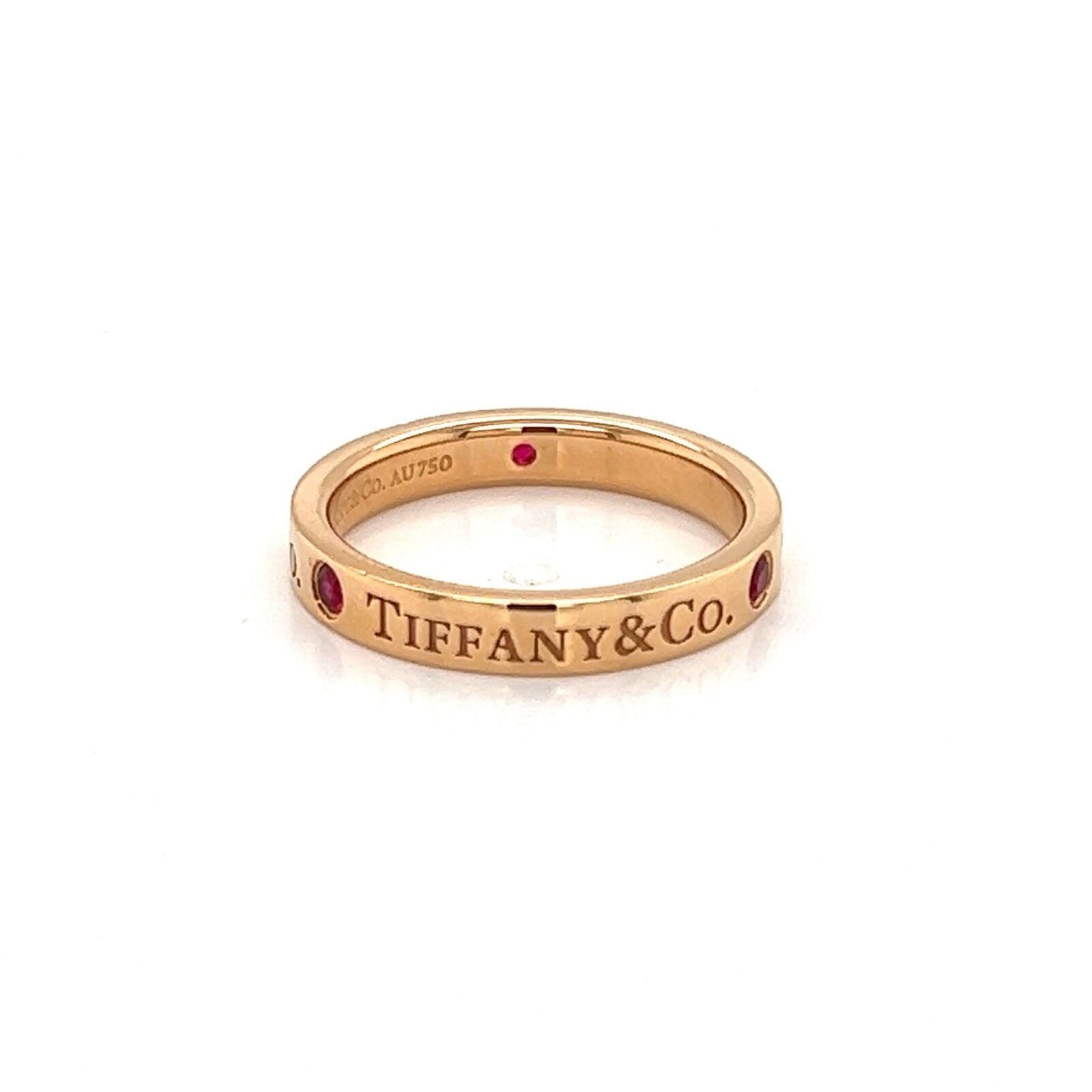 Tiffany Co. Signature 3 Ruby 18k Rose Gold Flat Wedding Band Ring Jewels by Joy
