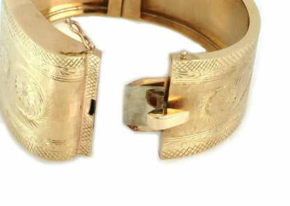 Fancy Wide Hinged 14k Yellow Gold Bangle Bracelet