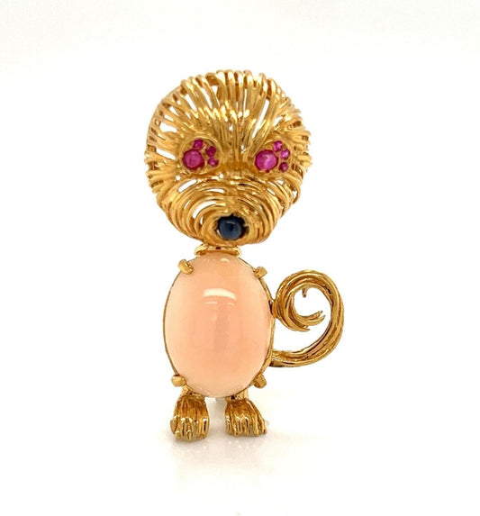 Coral Ruby & Sapphire 18k Yellow Gold Cat Pin Brooch