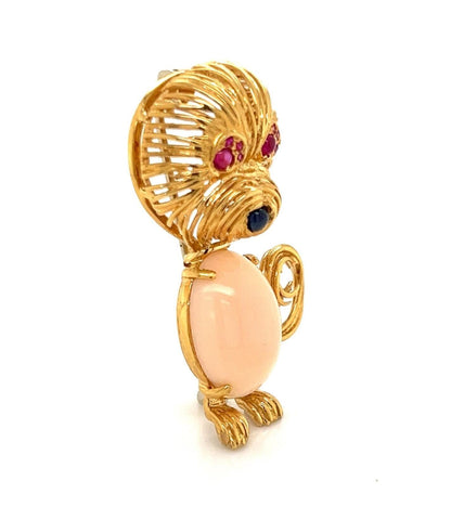 Coral Ruby & Sapphire 18k Yellow Gold Cat Pin Brooch