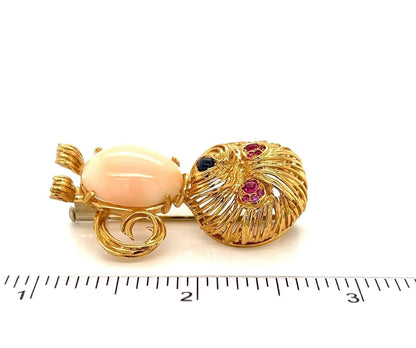 Coral Ruby & Sapphire 18k Yellow Gold Cat Pin Brooch