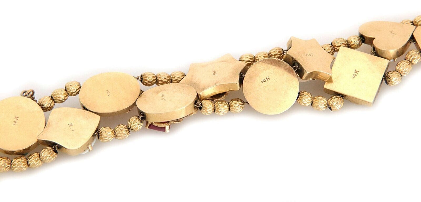 Ten Large Assorted Slide 14k Yellow Gold Charm Double Bracelet