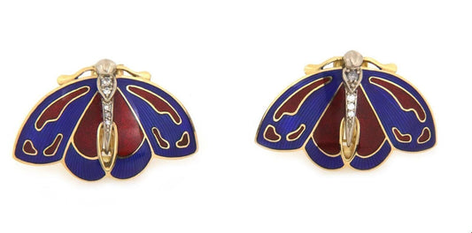 Diamond Blue Red Enamel 18k & 14k Gold Butterfly Clip On Earrings