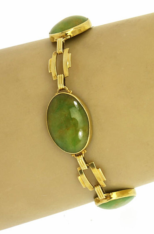 Jade 14k Yellow Gold Fancy Oval & Bar Link Bracelet
