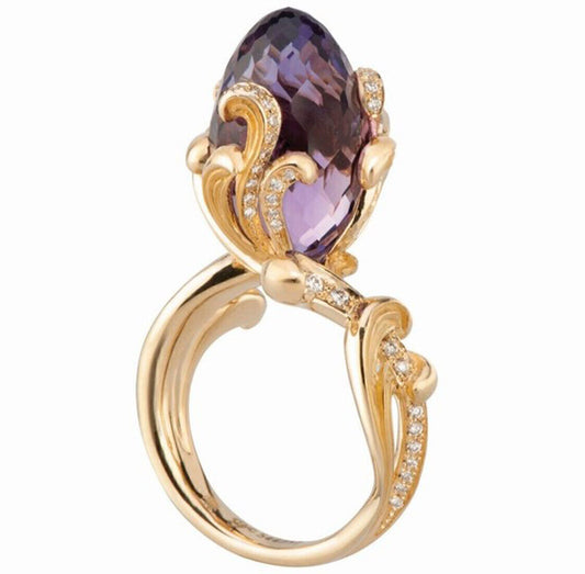 Carrera y Carrera Origin Amethyst Diamond 18k Yellow Gold Ring Size 7
