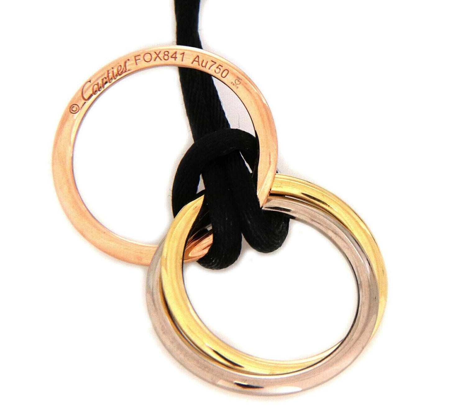 Cartier Trinity 18k Tri color Gold Pendant Necklace on Black Cord w/Cert