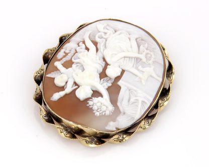Shell Cameo Carved Greek Multi Figures 14k Yellow Gold Large Brooch