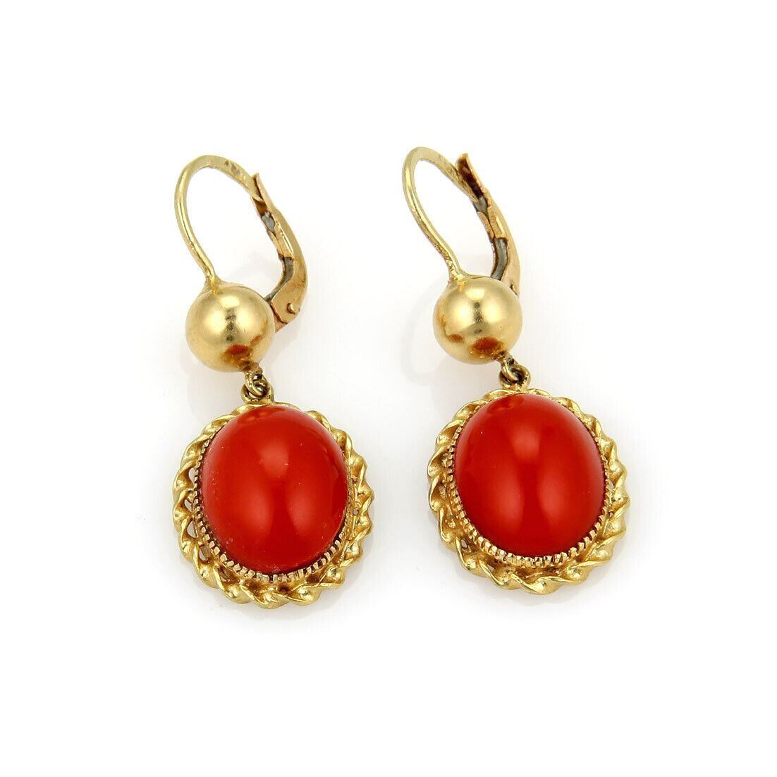 Blood Coral Oval Dangle 18k Yellow Gold Earrings | Earrings | catalog, Earrings, Estate, Vintage | Estate