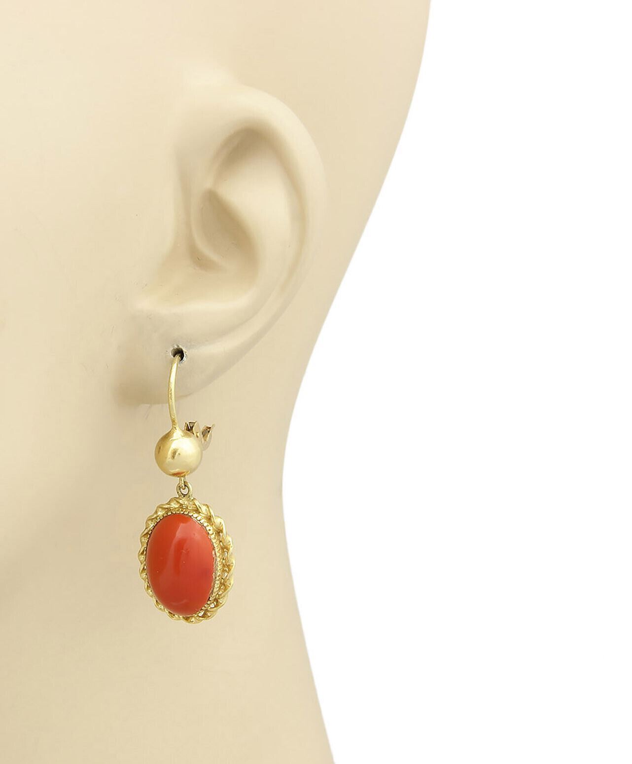 Blood Coral Oval Dangle 18k Yellow Gold Earrings