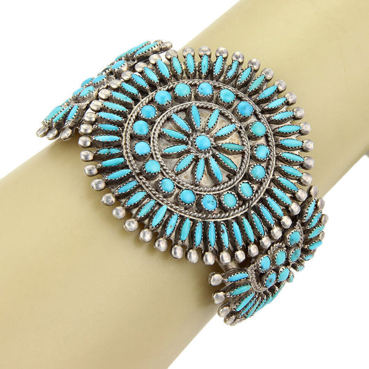 Zuni Native Indian Sterling & Turquoise Floral Medallion Cuff Bangle | Bracelets | Bangles, catalog, cuffs, Estate, Sterling Silver, Zuni | Native American