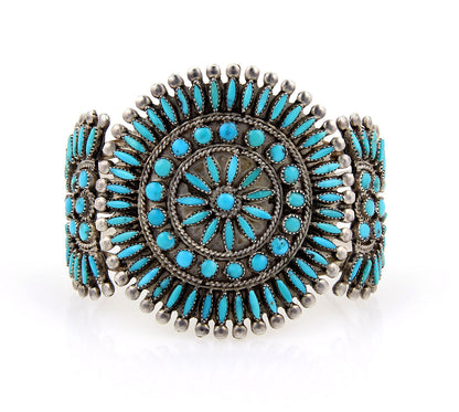 Zuni Native Indian Sterling & Turquoise Floral Medallion Cuff Bangle