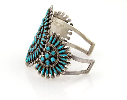 Zuni Native Indian Sterling & Turquoise Floral Medallion Cuff Bangle