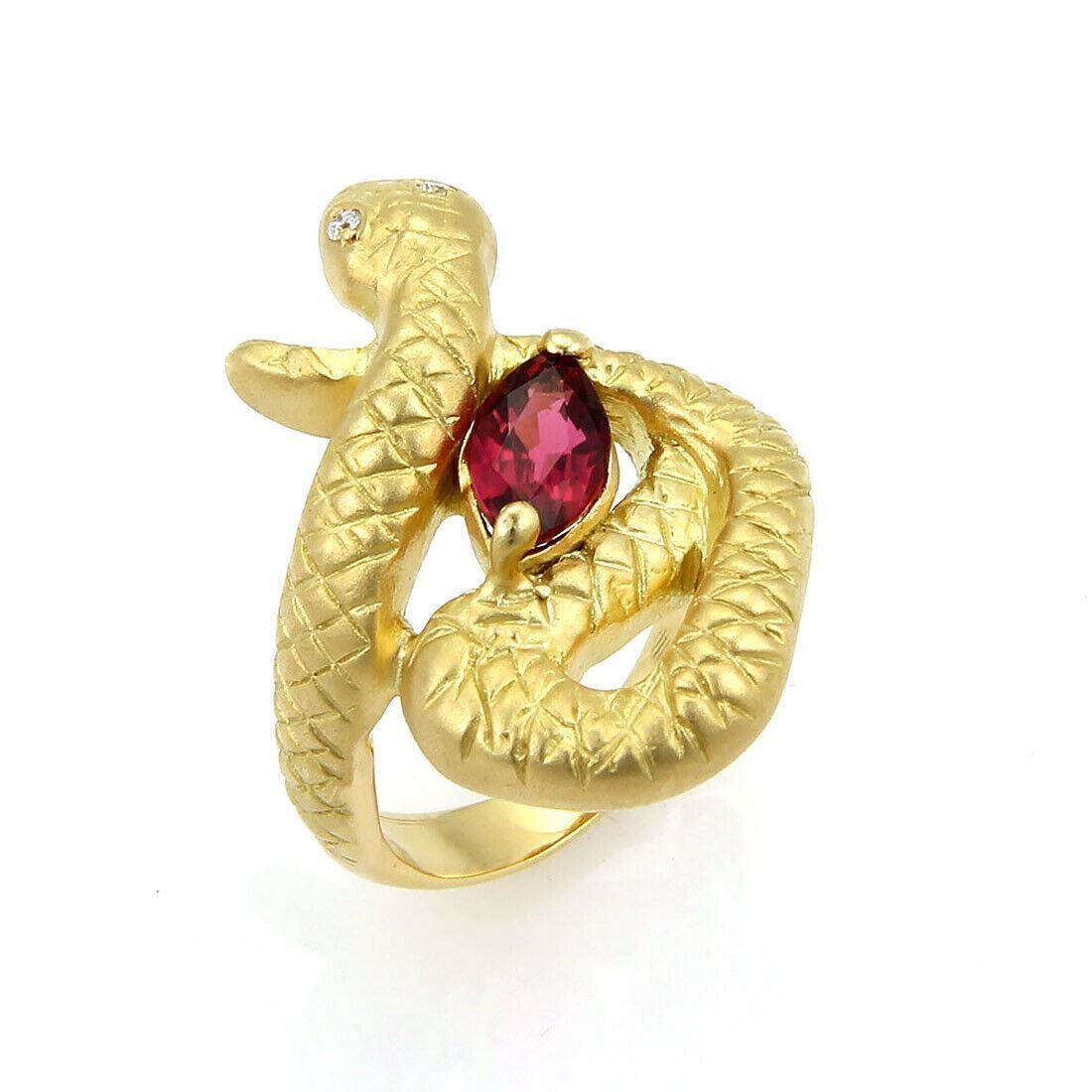 Diamonds & Pink Tourmaline 18k Yellow Gold Snake Ring - Size 5.75