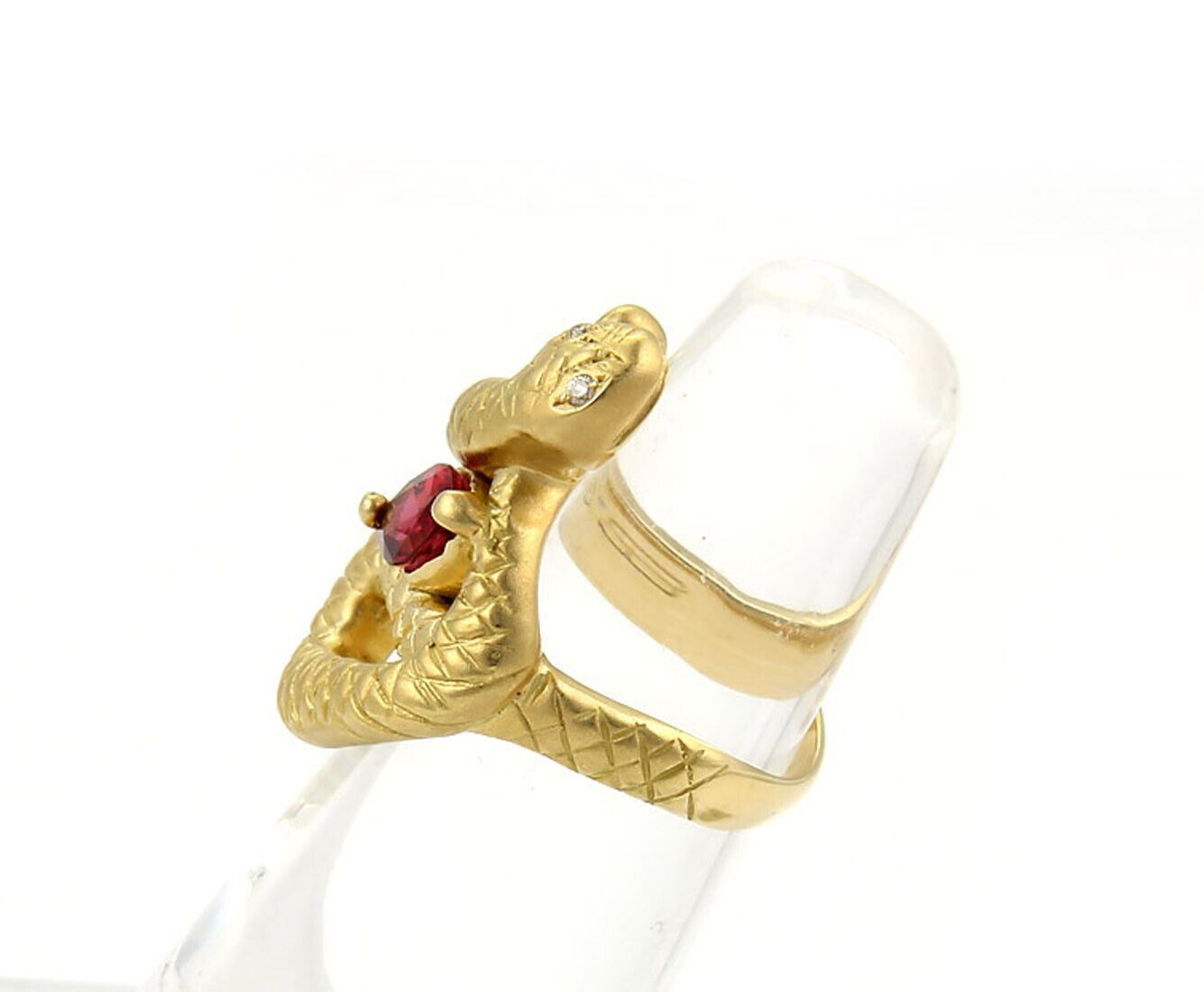 Diamonds & Pink Tourmaline 18k Yellow Gold Snake Ring - Size 5.75