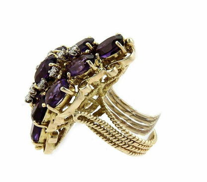 Large Amethyst & Diamonds 14k Yellow Gold Floral Cluster Ring